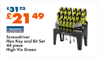 Draper Screwdriver Hex Key & Bit Set High Viz Green - 44 Piece