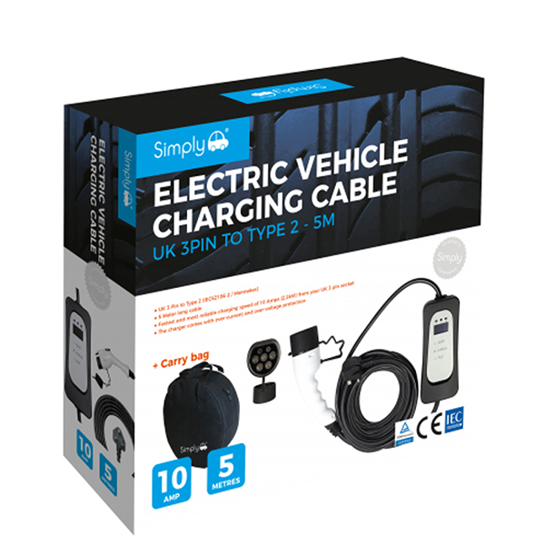 Simply EV  cable - 10 amp 3 pin plug  to Type 2 (2.2kw)